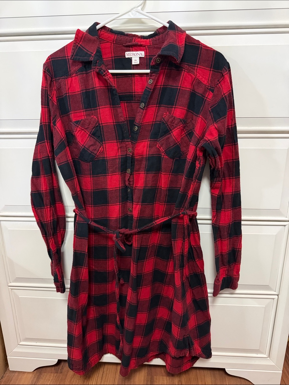 Merona Red and Black Plaid Long-Sleeve Shirt Dress